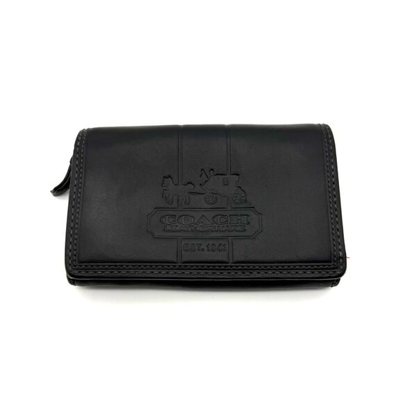 Coach Bleecker Wallet Black Leather Embossed Signature Carriage Logo Pink Lining - Picture 1 of 15
